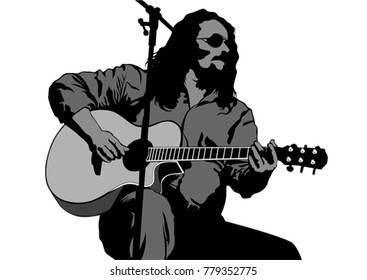 Musician with guirar in rock style on a white background