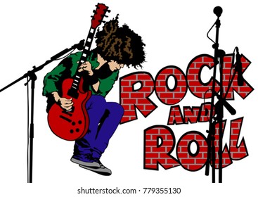 Musician with guirar in rock style on a white background