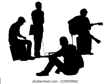 Musician with guirar at street on white background