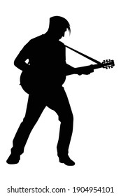 Musician with guitar in concert silhouette vector on white background