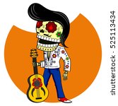 Musician with the guitar. Elvis King of Rock and Roll. Vector flat and linear Illustration of skeleton. Web banners, advertisements, brochures, business templates. Isolated on a white background.
