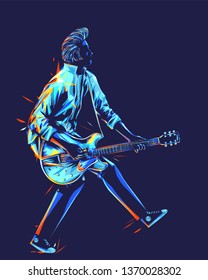 Musician with a guitar. Guitarist with duckwalk style. Rockabilly pompadour hair guitar player abstract vector illustration with colorful strokes of paint.