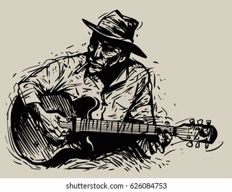 A musician with a guitar hat and cigarette. vector illustration