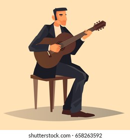 A musician with a guitar. He is dressed in a dark suit. He has dark hair and a sad face. Vector cartoon illustration, concert, character