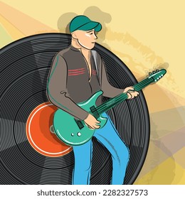 Musician with guitar on the background of a vinyl record. Vector illustration