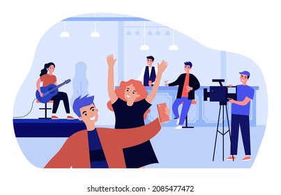 Musician with guitar performing on stage of restaurant or cafe. People dancing to music flat vector illustration. Dance show, nightclub party concept for banner, website design or landing web page