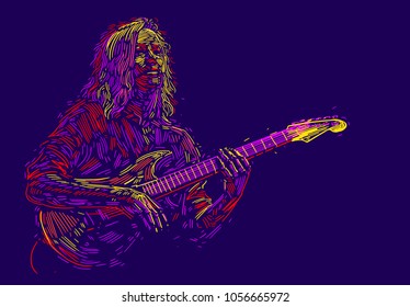 Musician with a guitar. Rock guitarist guitar player abstract vector illustration with  strokes of paint. Music poster