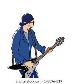 Musician with a guitar. Rock guitar player. Hand drawn illustration, white isolated background