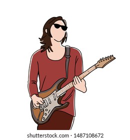 Musician with a guitar. Rock guitar player. Hand drawn illustration, white isolated background