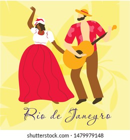 Musician with Guitar and Woman Dancer on Yellow Background. Rio de Janeyro. People Celebrate Days of Brazilian Carnival. Traditional Brazilian Costume. Vector Illustration. Joy and Fun.