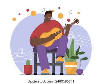 Musician with guitar. Young guy sitting with musical instrument and singing. Creativity and art. Talented guitarist perform at home. Cartoon flat vector illustration isolated on white background