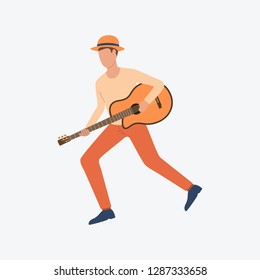 Musician in hat with guitar. Young fellow, romantic, music. Can be used for topics like celebration, greeting, seasonal