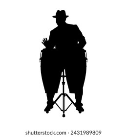 Musician hitting conga drums vector silhouette.	