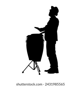 Musician hitting playing conga drum side view black silhouette.	