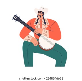 Musician holding banjo. Country music performer portrait with ethnic string instrument. Mexican man player in hat, performing traditional style. Flat vector illustration isolated on white background