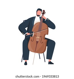 Musician holding bow and playing cello. Cellist performing classic music on string instrument. Violoncellist sitting with violoncello. Colored flat vector illustration isolated on white background