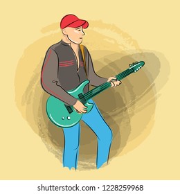 The musician holds an electric guitar and performs rock. Sketch. Vector illustration