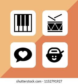 musician icon. 4 musician set with military drum musical instrument, rapper, piano and music vector icons for web and mobile app