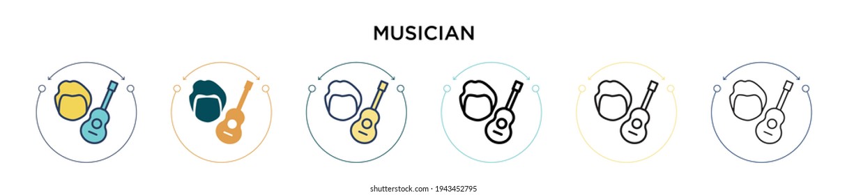 Musician icon in filled, thin line, outline and stroke style. Vector illustration of two colored and black musician vector icons designs can be used for mobile, ui, web