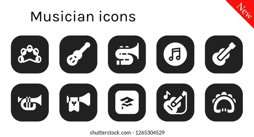  musician icon set. 10 filled musician icons. Simple modern icons about  - Tambourine, Guitar, Trombone, Itunes, Trumpet