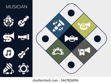 musician icon set. 13 filled musician icons.  Simple modern icons about  - Trumpet, Sing, Tambourine, Itunes, Violin, Trombone, Cervantes, Veena