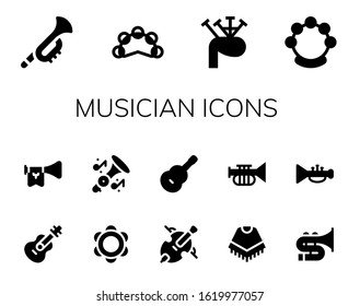 musician icon set. 14 filled musician icons. Included Trumpet, Tambourine, Bagpipes, Guitar, Cello, Poncho, Trombone icons