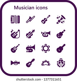 musician icon set. 16 filled musician icons.  Simple modern icons about  - Accordion, Trombone, Violin, Trumpet, Guitar, Electric guitar, Tambourine, Cervantes