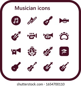 musician icon set. 16 filled musician icons. Included Itunes, Trombone, Guitar, Trumpet, Tambourine, Cervantes, Violin icons