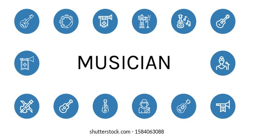 musician icon set. Collection of Electric guitar, Tambourine, Trumpet, Singer, Guitar, Violin, Musician, Acoustic guitar icons