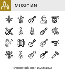 musician icon set. Collection of Singer, Samba, Guitar, Musician, Trumpet, Violin, Viola, Singing, Concertina, Bass guitar, Acoustic guitar icons