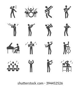 Musician icon set. Included the icons as sing, song, guitar, flute, piano, percussion and more.