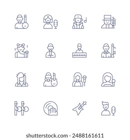 Musician icon set. Thin line icon. Editable stroke. Containing banjo, clarinetist, flutist, guitarist, keyboard, musician, musicband, rocker, singer, woman.