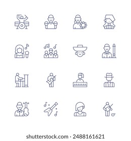 Musician icon set. Thin line icon. Editable stroke. Containing band, drummer, flutist, guitarist, keyboard, jazzman, maracas, musician, pianist, singer, rocker.