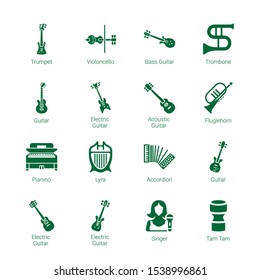 musician icons. Editable 16 musician icons. Included icons such as Trumpet, Violoncello, Bass Guitar, Trombone, Guitar, Electric Guitar, Acoustic Guitar. musician trendy icons for web.
