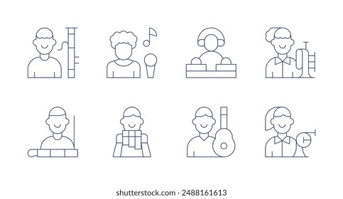 Musician icons. Editable stroke. Containing bassoon, dj, flutist, guitarist, horn, singer, theremin, trumpeter.