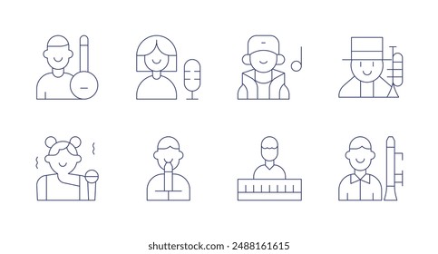 Musician icons. Editable stroke. Containing banjo, clarinetist, flutist, keyboard, musicband, musician, singer, woman.