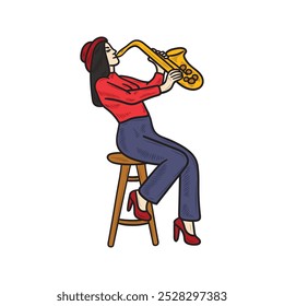 Ilustración de músico de color - mujer jugando saxofón