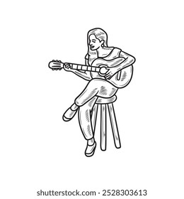 Musician Illustration Colorless - Woman Playing Guitar