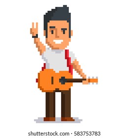 Musician isolated on white background. Music man pixel game style illustration. vector pixel art design. funny 8 bit people character icon. 