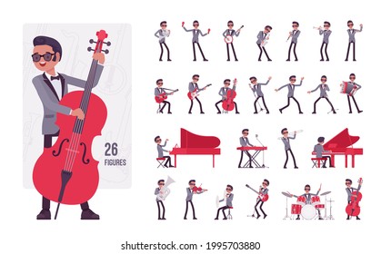 Musician, jazz man playing musical instruments, character set, pose sequences. Synthesizer grand piano guitar double bass drum violin. Full length, different views, gestures, emotions, position