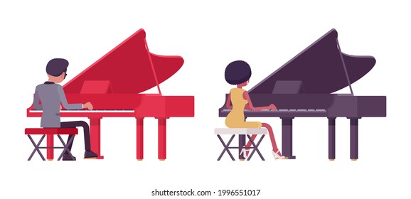 Musician, jazz performers man, woman playing grand piano, rear view. Blues band or pop music artists instrumental accompaniment. Vector flat style cartoon illustration isolated on white background