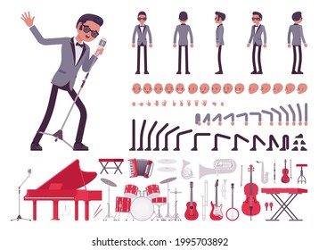 Musiker, Jazz, Popman singt, spielt Musikinstrumente, Bauwerk. Synthesizer, Flügel-Gitarre-Doppel-Bass-Schlagzeug. Infografik im Cartoon-Flachstil, verschiedene Emotionen