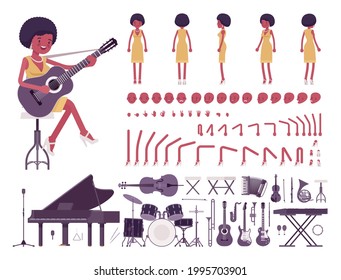 Musician, jazz, pop woman singing, playing musical instruments, construction set. Synthesizer grand piano guitar double bass drums. Vector illustration, different emotions