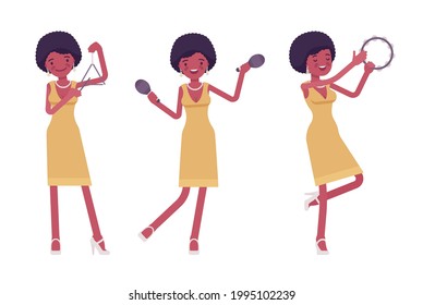 Musician, jazz, rock and roll african woman playing percussion instruments. Maraca, triangle, tambourine ethnic performer, pop music band or popular solo artist. Vector flat style cartoon illustration