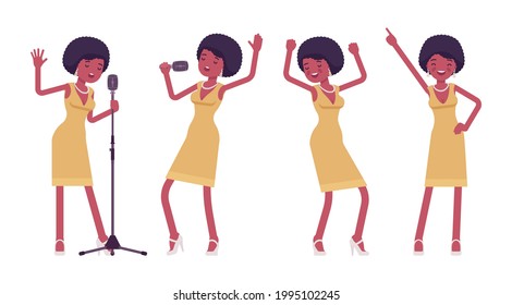 Musician, jazz, rock and roll african woman singing, professional dance. Ethnic performer, pop star music band or popular night club solo artist at rock concert. Vector flat style cartoon illustration