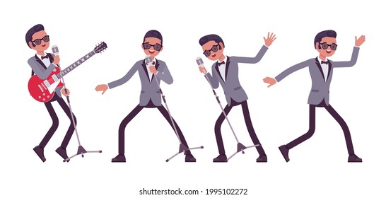 Musician, jazz, rock and roll man singing, dance or karaoke. Electro guitar performer, pop star music band or popular night club solo artist, rock concert. Vector flat style cartoon illustration