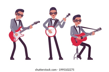 Musician, jazz, rock and roll man playing banjo, guitar instruments. Electro guitar, banjo, classic guitar performer, pop music band or popular club solo artist. Vector flat style cartoon illustration