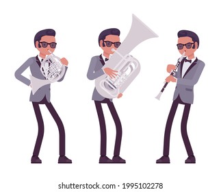 Músico, jazz, rock y roll man tocando instrumentos eólicos profesionales. Clarinet, cuerno francés, intérprete de tuba, banda de música pop o popular artista solista de club. Ilustración de dibujos animados de estilo plano