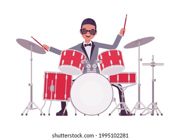 Musician, jazz, rock and roll man playing drum instruments, percussion. Night club music, pop concert, wedding party performance. Vector flat style cartoon illustration isolated, white background