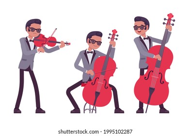 Musician, jazz, rock and roll man playing professional string instrument. Double bass, violin, fiddle performer, pop music band or popular club solo artist. Vector flat style cartoon illustration